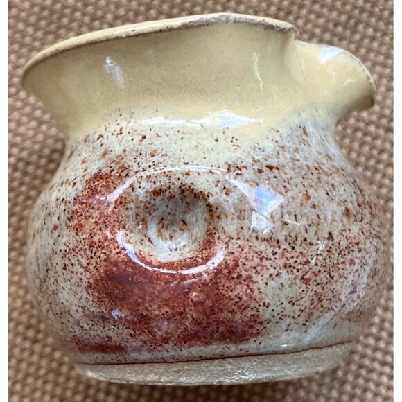 Cute Pottery Creamer Finger Pinch Hold Handcrafted Speckled Beige Yellow 2.5" - Picture 1 of 9